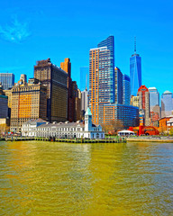 Naklejka premium Battery Park City in Aerial view from Skyline with Skyscrapers in Lower Manhattan, New York City, America USA. American architecture building. Metropolis NYC. Cityscape. Hudson, East River NY