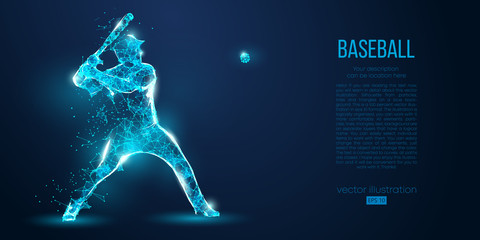 Abstract baseball player from particles, lines and triangles on blue background. All elements on a separate layers, color can be changed to any other. Low poly neon wire outline geometric. Vector - obrazy, fototapety, plakaty