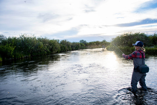 A woman fishing during the brown drake hatch, Silver Creek River Idaho