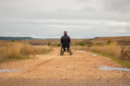 Rear vision of a disabled man in a wheelchair alone in a path