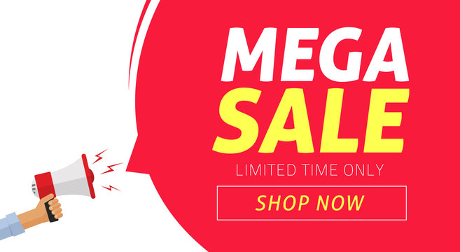 Mega sale banner design with limited time discount offer vector illustration, flat clearance promotion or special deal off web banner with megaphone template or flyer image