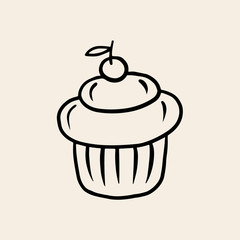 A small cake with a cherry. Vector linear drawing of a cake. The symbol of baking.