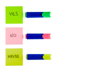 Office desk setup, yes no maybe cards, business decision tools