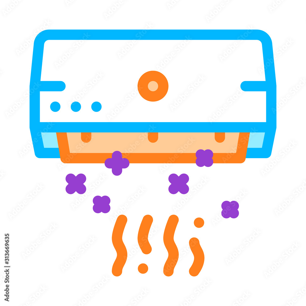 Sticker Air Cooling Conditioner Vector Thin Line Icon. Good Working Conditioner Cold Temperature Room Electronic Technology Inside Unit Linear Pictogram. Conditioning Maintenance Illustration