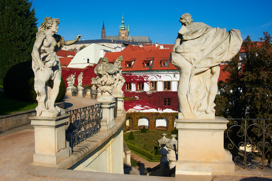 Prague Castle view from Vrtba (Vrbovska) Garden in Prague, Czech Republic