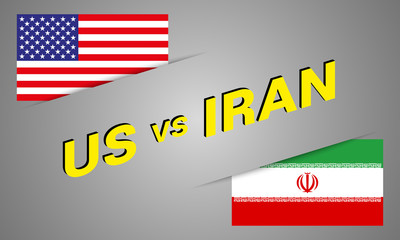 United States flag versus Iran flag. Vector illustration of two flags on gradient grey background. What's next? War?