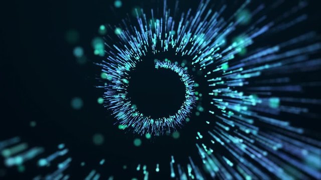 Abstract spiral form particles with trail and radial rotation. Blue glow particles with depth of field on black background. Seamless loop animation.