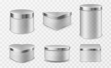 Glass jar with metal lid isolated on transparent background. Vector realistic mockup of empty clear plastic bottles for jam, tea, coffee or cream. Set of different shapes containers with steel cap