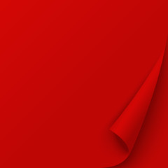 Red page with curled corner, empty red wrapping paper, banner template for book, magazine, flyer. Vector illustration for post, notes, memory, remind.