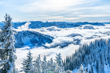 Winterlandscape in the Allgaeu Mountains, view from Hochgrat summit over a sea of fog to the Bregenz Wald mountains, Vorarlberg, Austria, landscape photography