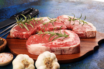 Variety Steak raw. Barbecue Rib Eye Steak, dry Aged Wagyu Entrecote Steak.