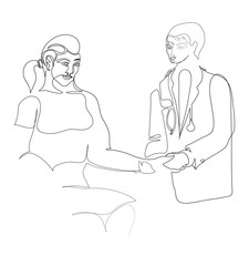 Simple line art drawing of Doctors and patients to shake hands.