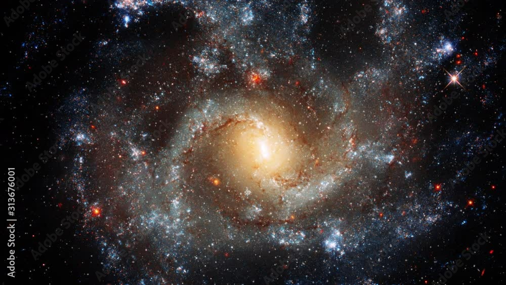 Wall mural scenic rotation of spiral galaxy in outer space space travel to bright center with moving stars. con