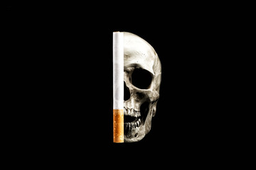  Human skull with open mouth and cigarette isolated on black background. Smoking kills concept....