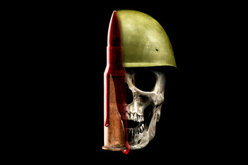 Human skull with open mouth, military helmet and bloody bullet isolated on black background.  Crime, war concept.