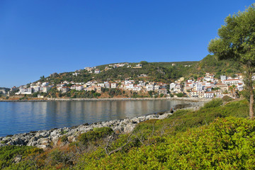 Fototapeta na wymiar Panoramic sunshine view of the port of Gythio