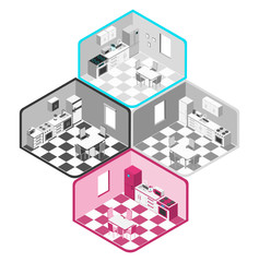 Stylish vector isometric kitchen interior illustration. Good for interior topics.