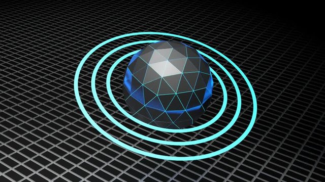An abstract futuristic background with a faceted black sphere having blue lit borders and blue lit rings, at the lower right corner - 3D rendering video clip