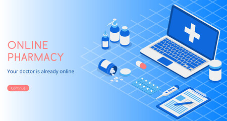 Isometric 3D concept of landing page Online diagnosis of your diseases. Collection of items tablets, medicines, thermometer and tablet vector illustration