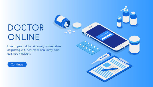 Isometric 3D concept of landing page Online diagnosis of your diseases. Collection of items tablets, medicines, thermometer and tablet vector illustration