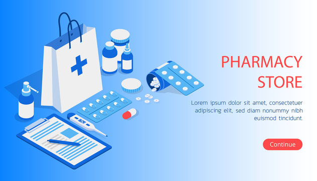 Isometric 3D concept of landing page Online diagnosis of your diseases. Collection of items tablets, medicines, thermometer and tablet vector illustration