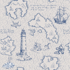 Old caravel, vintage sailboat, sea monster, old lighthouse. Vector seamless pattern. Monochrome hand drawn sketch. Vector seamless pattern for boy. - obrazy, fototapety, plakaty