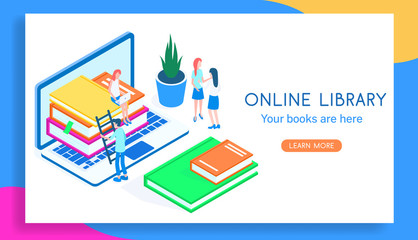 Modern concept isometric library book and people vector illustration.