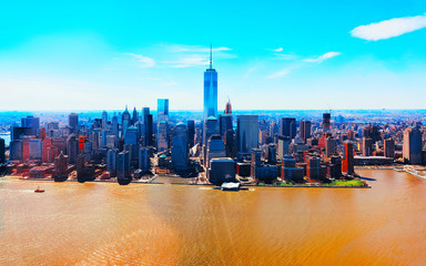 Aerial panoramic view on Skyline with Skyscrapers in Downtown and Lower Manhattan, New York City, America USA. American architecture building. Panorama of Metropolis NYC. Cityscape. Hudson, East River