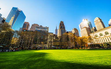 Skyline with skyscrapers and American cityscape in Bryant Park in Midtown Manhattan, New York, USA....