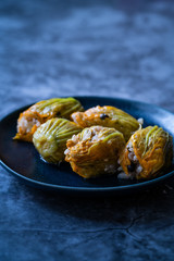 Zucchini Flowers Dolma Stuffed with Rice Pilaf / Turkish Food in Plate.