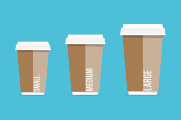 Paper coffee cups different size in flat style. Vector illustration