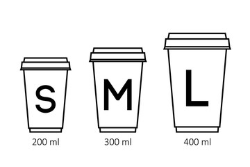 Paper coffee cups different size black silhouettes. Vector illustration