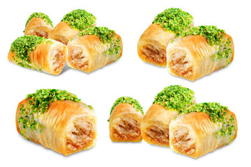 Pistachio nuts baklava, Oriental sweetness on a white isolated background