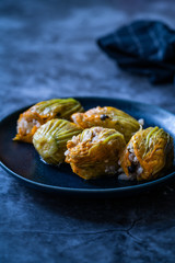Zucchini Flowers Dolma Stuffed with Rice Pilaf / Turkish Food in Plate.