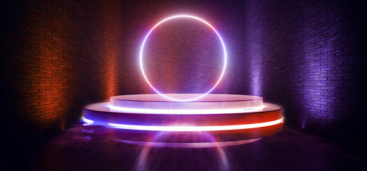 Neon Glowing Purple Blue Warehouse Underground Garage Tunnel Corridor Circle Shaped Lights Studio Club Dance Concrete Brick Walls Empty 3D Rendering