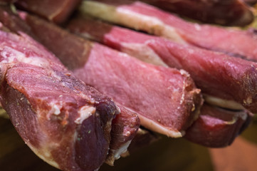 Large pieces of smoked bacon, cooked in a traditional way.