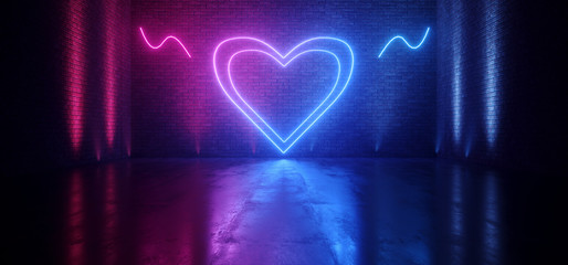 Neon Glowing Sci Fi Future Purple Blue Red Valentine Heart Shape On Brick Wall Club Dance Night Tunnel Corridor Warehouse Garage Cyber Virtual 3D Rendering