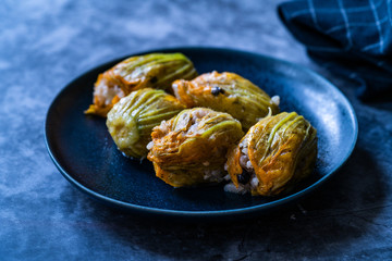 Zucchini Flowers Dolma Stuffed with Rice Pilaf / Turkish Food in Plate.