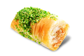 Pistachio nuts baklava, Oriental sweetness on a white isolated background
