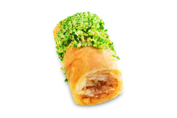 Pistachio nuts baklava, Oriental sweetness on a white isolated background