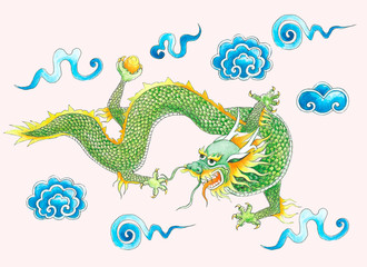 Dragon bright illustration. Dragon flying in the clouds.