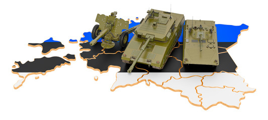 Combat vehicles on Estonian map. Military defence of Estonia concept, 3D rendering