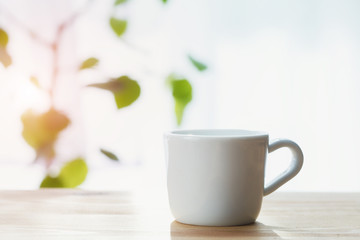 white cup of fresh coffee on wooden table, morning, sunrise