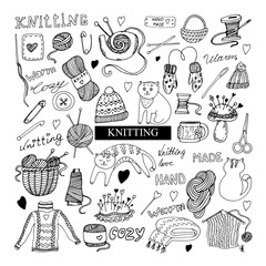 Vector elements of knitting, knitting needles, hooks, clews, seals, sweaters, mittens, basket, pins, spools of thread, yarn, scissors for decoration and design of printing, textiles, cards, coloring b