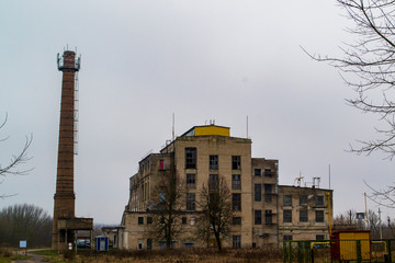 bottom view of an abandoned factory, selective focus with shallow depth of field, warm filter