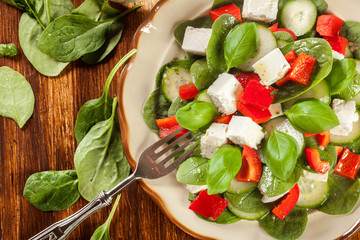 Fresh spinach salad with feta, cucumber and red paprika on a pla