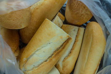 Fresh baked french baguettes in package