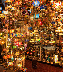 Colorful stained glass lamps in Grand Bazaar in Istanbul, Turkey