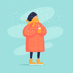 Winter hot drink on the street. Flat design vector illustration.