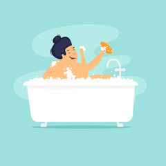 Naklejka premium Woman takes a bath. Flat design vector illustration.
